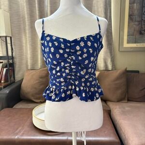 Topshop‎ blue floral ruched top with ruffle hem
